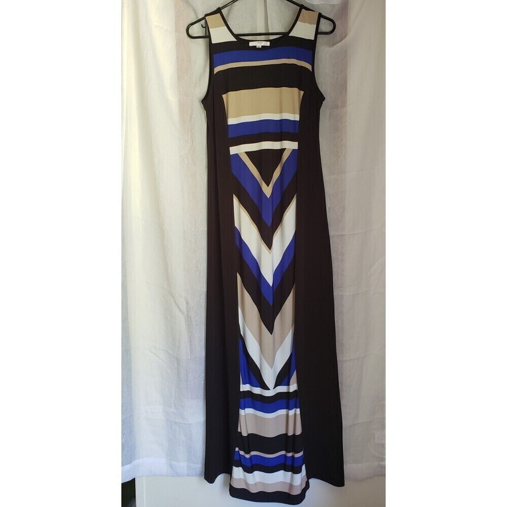 Studio One Maxi Dress Size XS Color Block Striped Blue Black Tan Stretchy